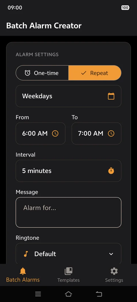 Batch settings: a time range, an interval and weekdays