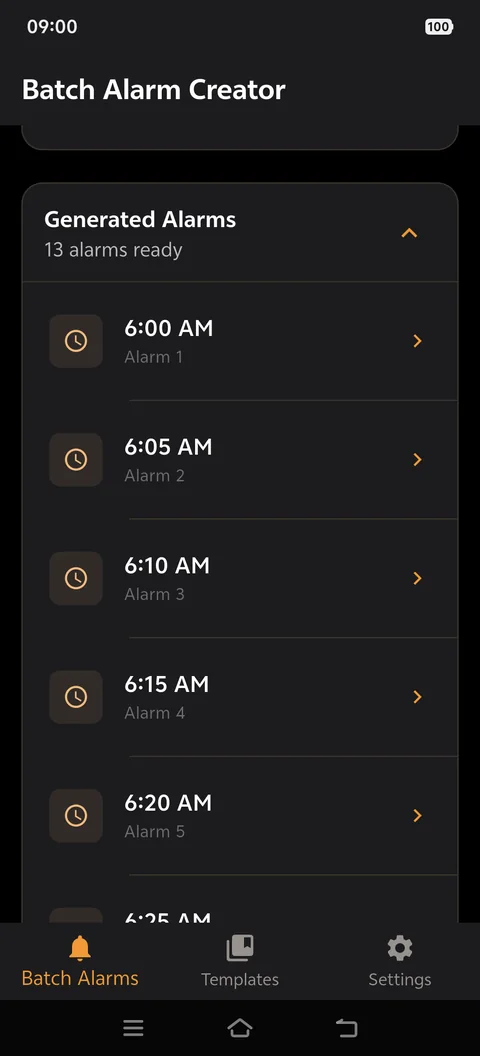 Generated alarms list: 13 alarms ready, 6:00 AM onwards
