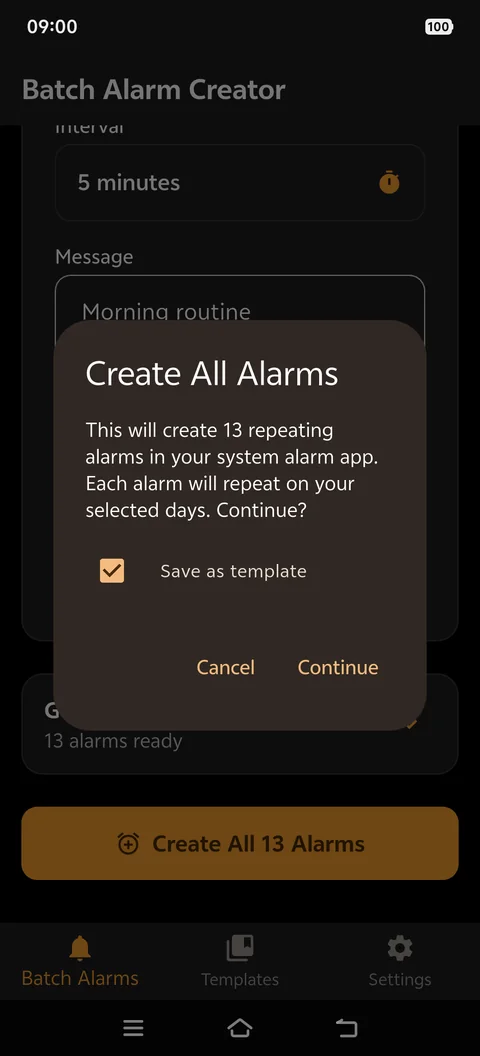 Confirmation dialog: create 13 repeating alarms in your system alarm app