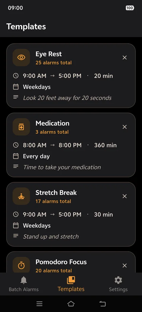 Templates screen with the Eye Rest, Medication and Stretch Break presets
