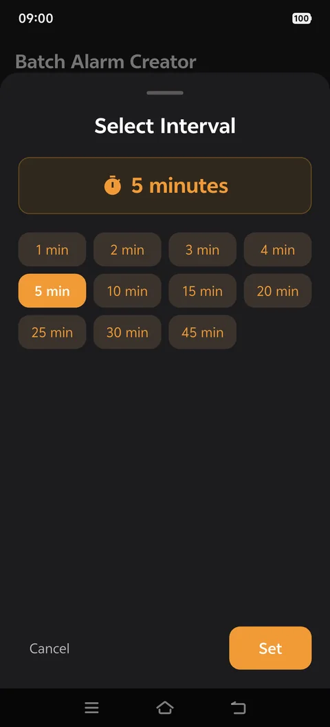 Interval picker with 1 to 45 minute options, 5 minutes selected