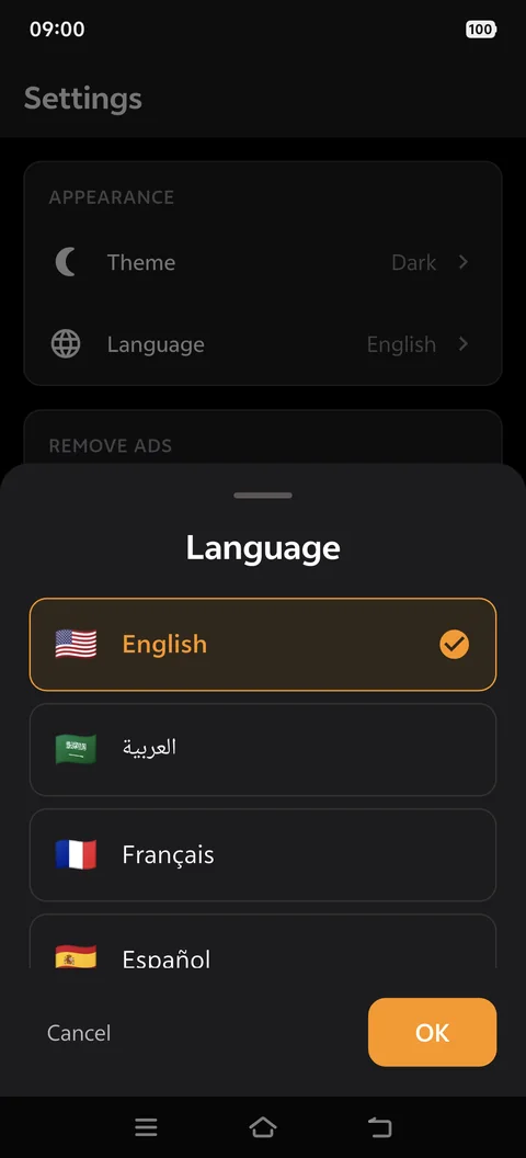 Language picker listing English, Arabic, French and Spanish