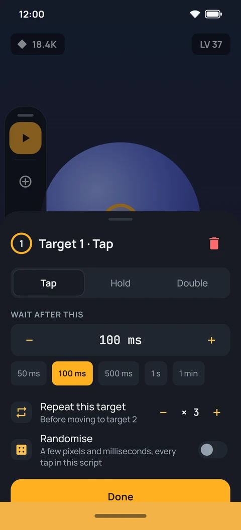 The settings of one target: tap, hold or double, the wait after it, repeats