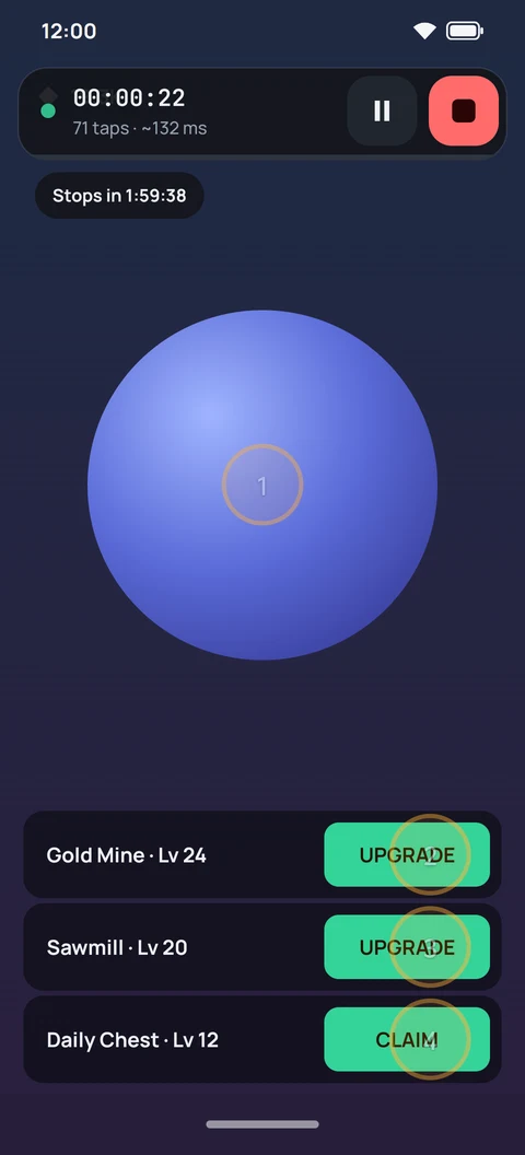 A script running, with the small run pill showing time and taps, and when it stops