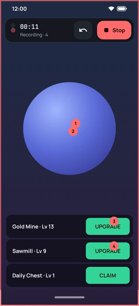 Record mode copying taps on another app, each one numbered