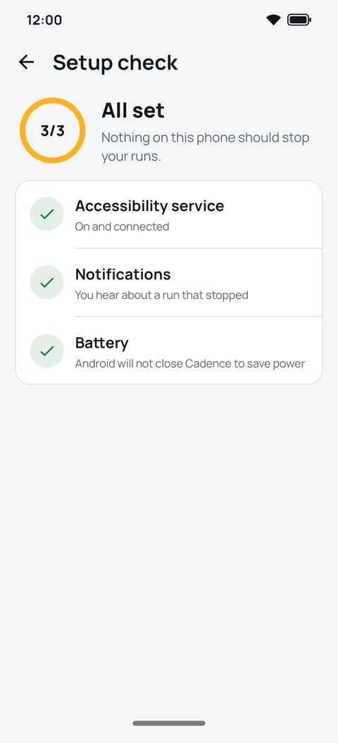 The setup check showing the service, notifications and battery all set