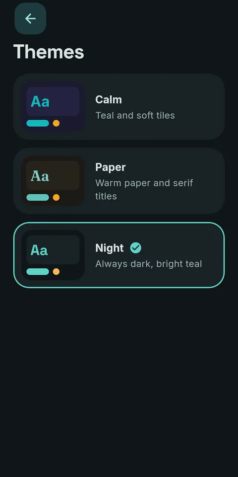Settings, Themes: Night, Calm and Paper, each with a preview