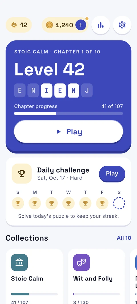 Home with the next level, the daily challenge and the collections
