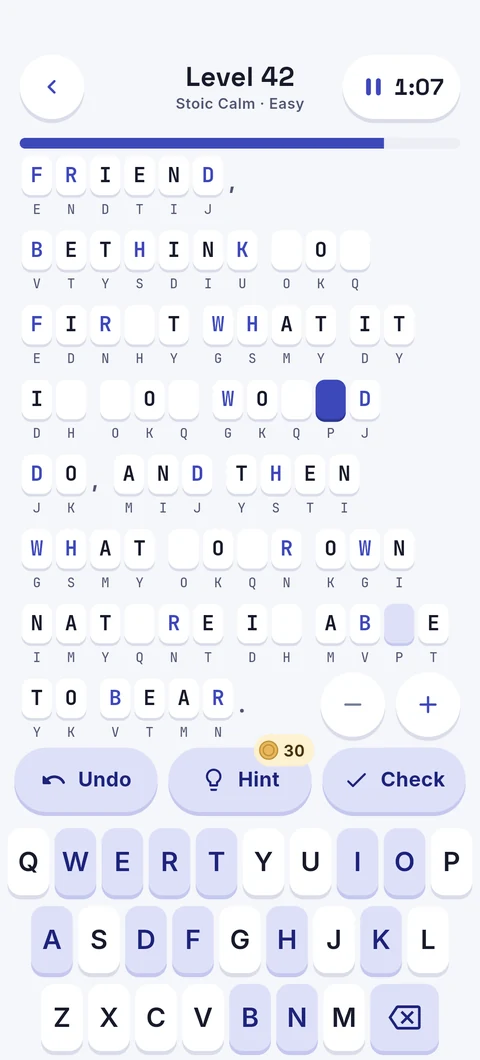 A quote on the board with its cipher letters and the keyboard