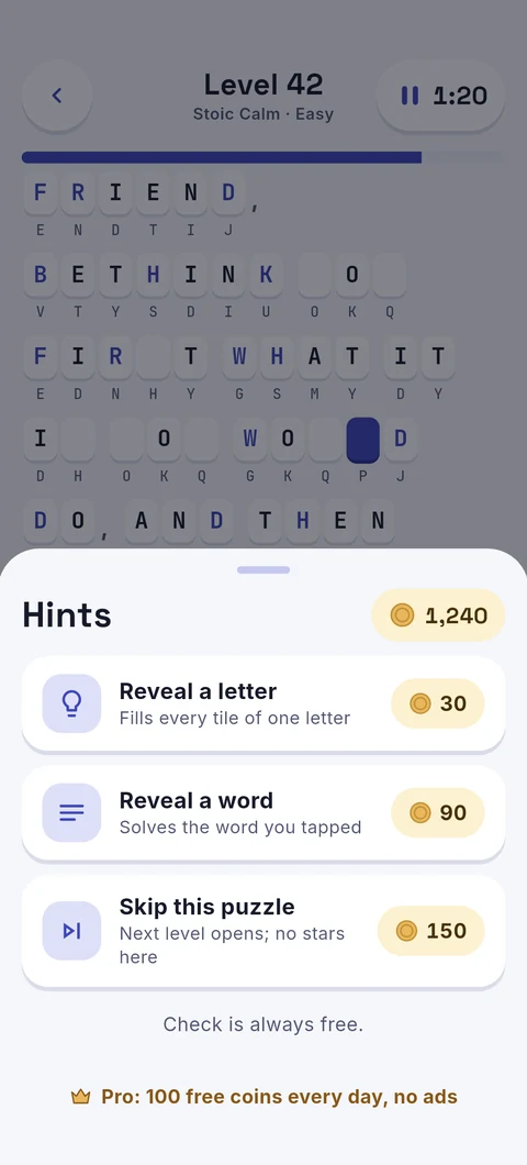 The hint sheet: reveal a letter or a word, or skip the puzzle, for coins
