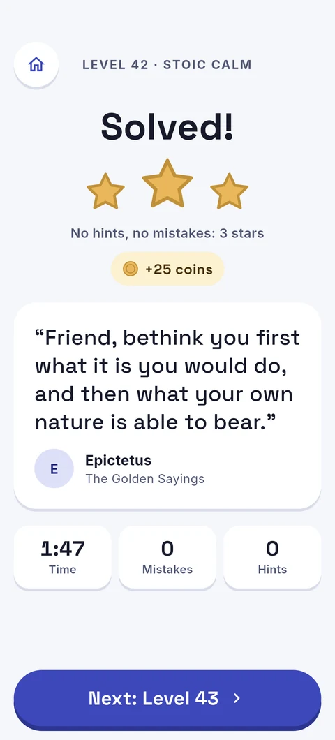 The solved quote with its stars, author and work, and the coins earned