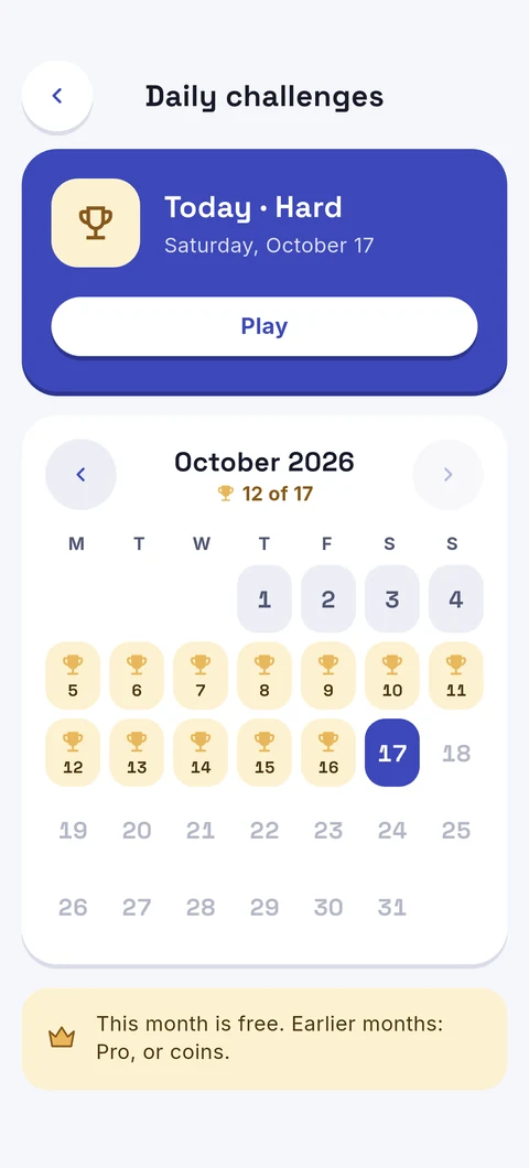 The daily challenges calendar for this month