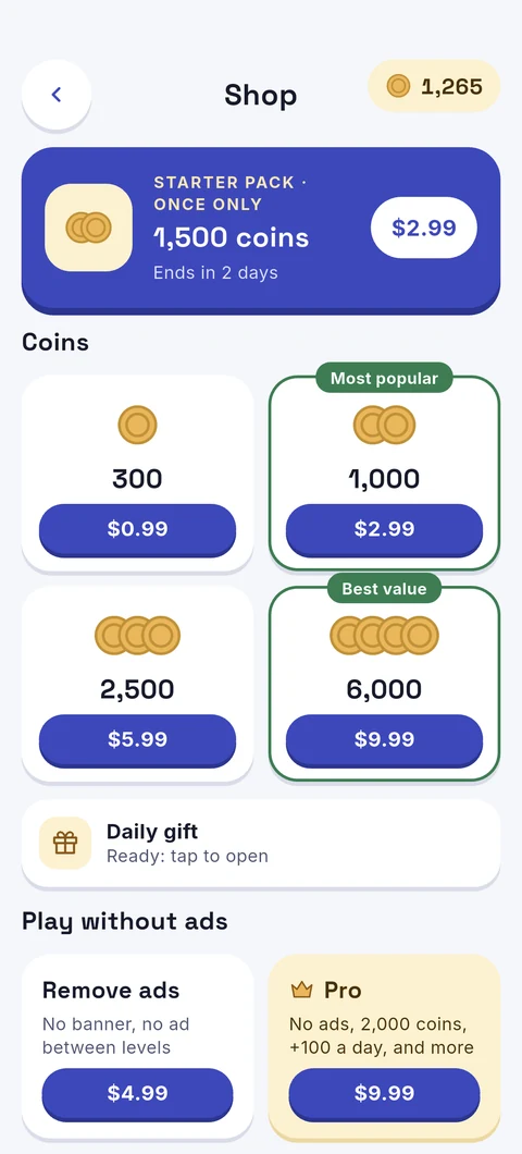 The Shop with coin packs, a free gift and Pro