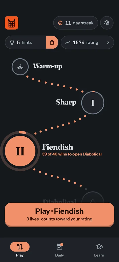 Home: the Descent map with Fiendish as your circle and 39 of 40 wins toward Diabolical, the hints and rating pills, and Play