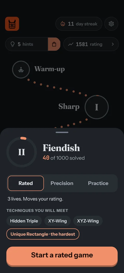 A circle's sheet: Fiendish, 40 of 1000 solved, Rated, Precision or Practice, and the techniques you will meet