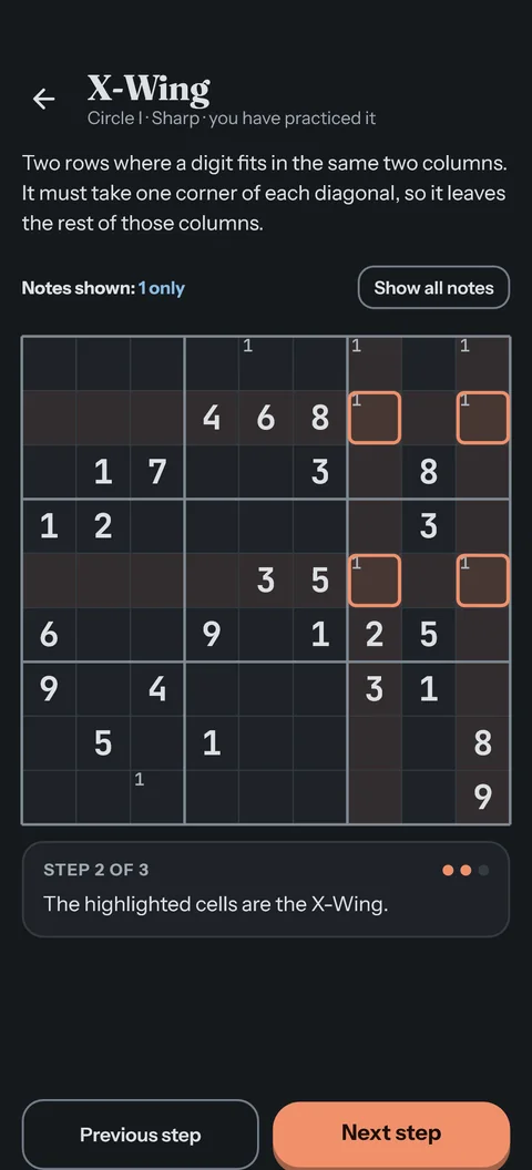 An X-Wing lesson on a real position, the pattern ringed, at step 2 of 3
