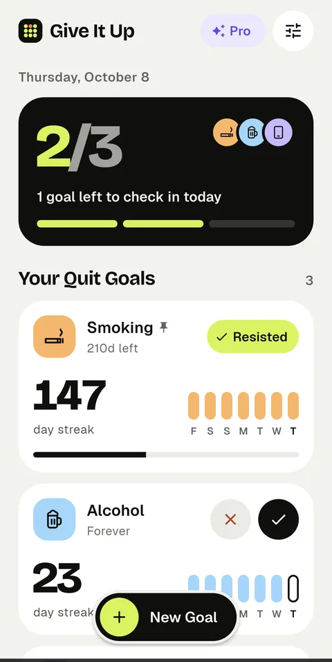 The home screen with three goals: one logged as resisted, one awaiting today's check-in, one covered by a streak freeze