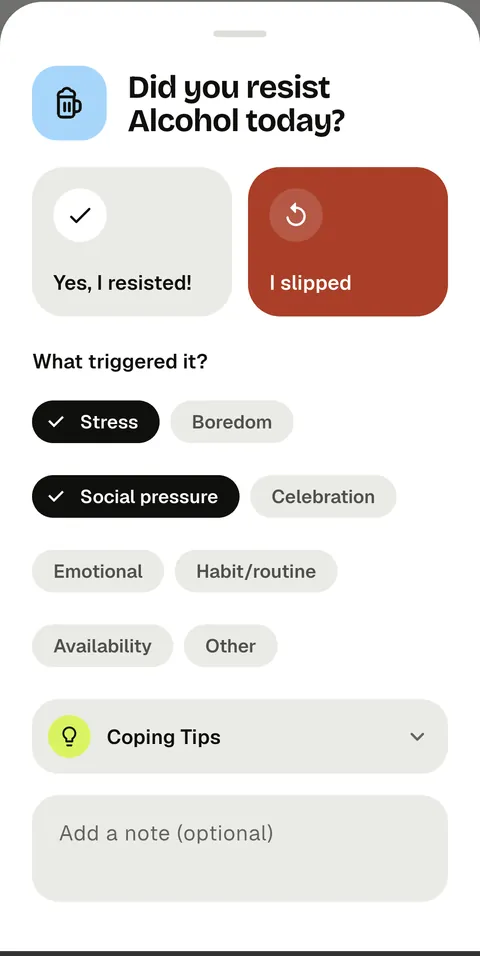 The check-in sheet on the slip path, with trigger chips and the option to spend a streak freeze instead