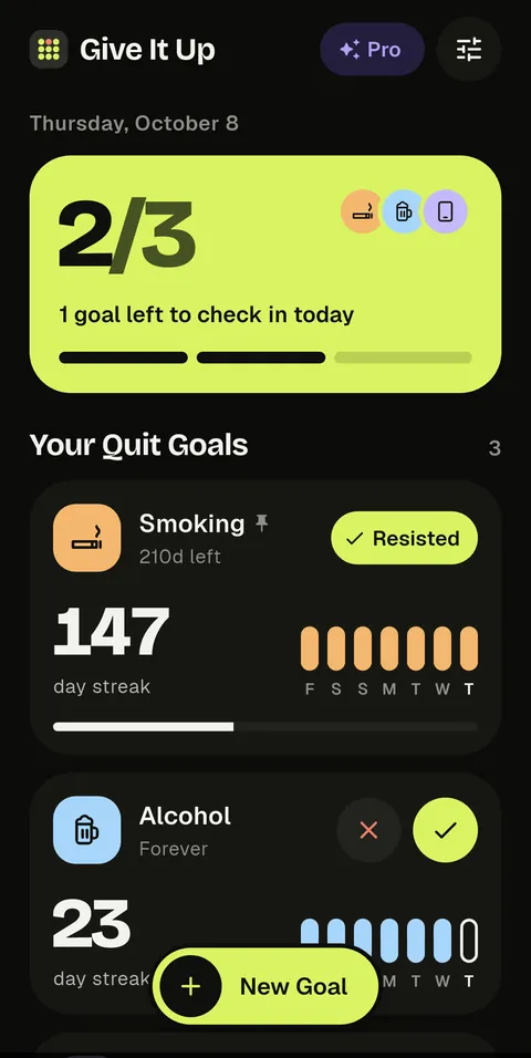 The home screen in dark mode
