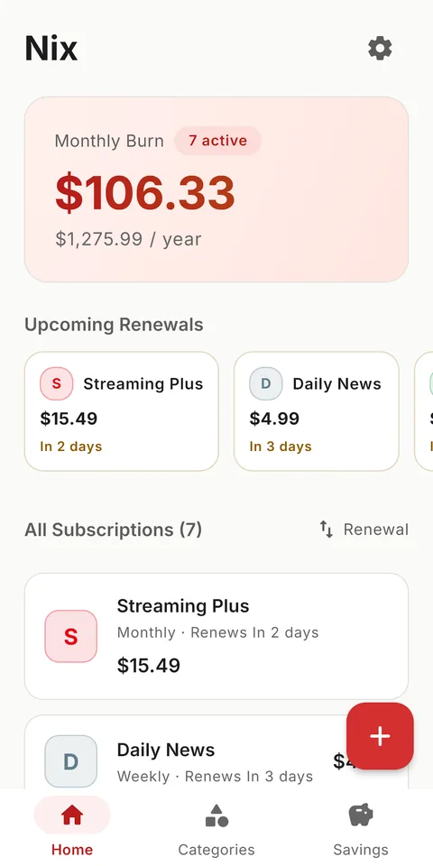 Home: the monthly burn total, the upcoming renewals and the list of subscriptions