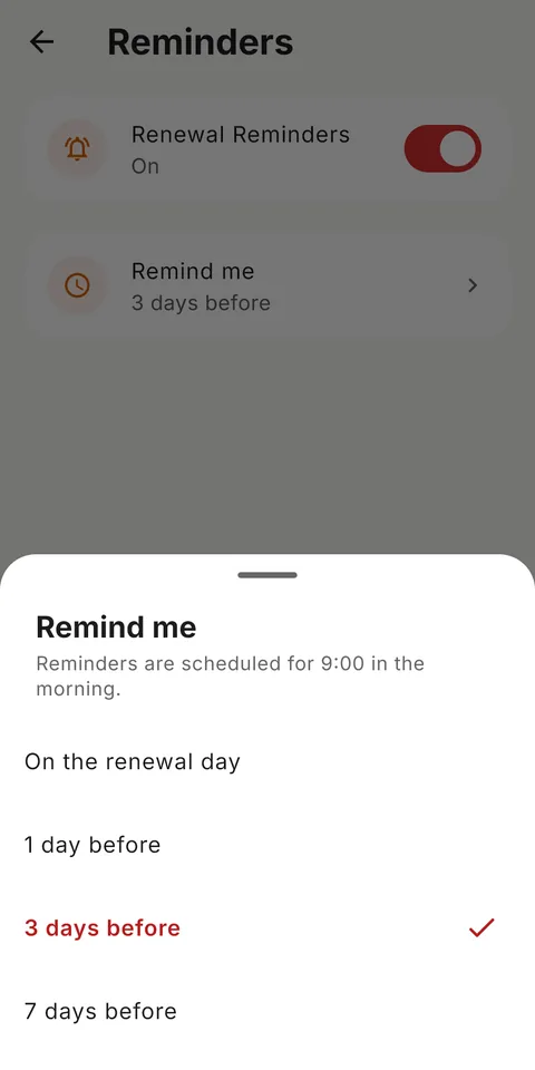 Reminders settings with the choice: on the renewal day, or 1, 3 or 7 days before