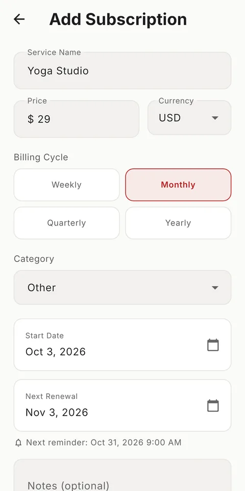 Adding a subscription by hand: its name and price typed in, then the billing cycle and dates