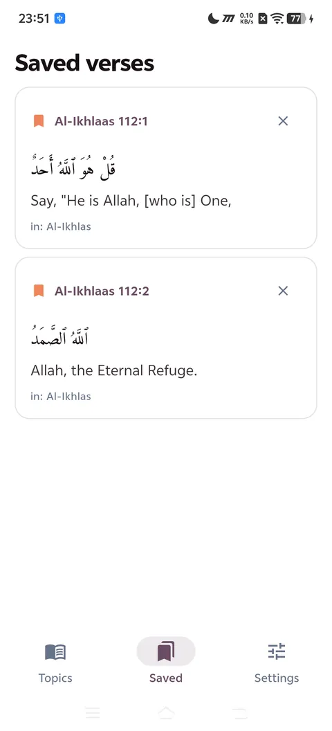 Saved verses, each showing the topic it was bookmarked from