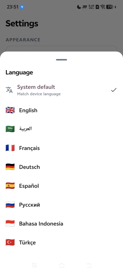 The language picker, listing the fourteen interface languages the app ships with