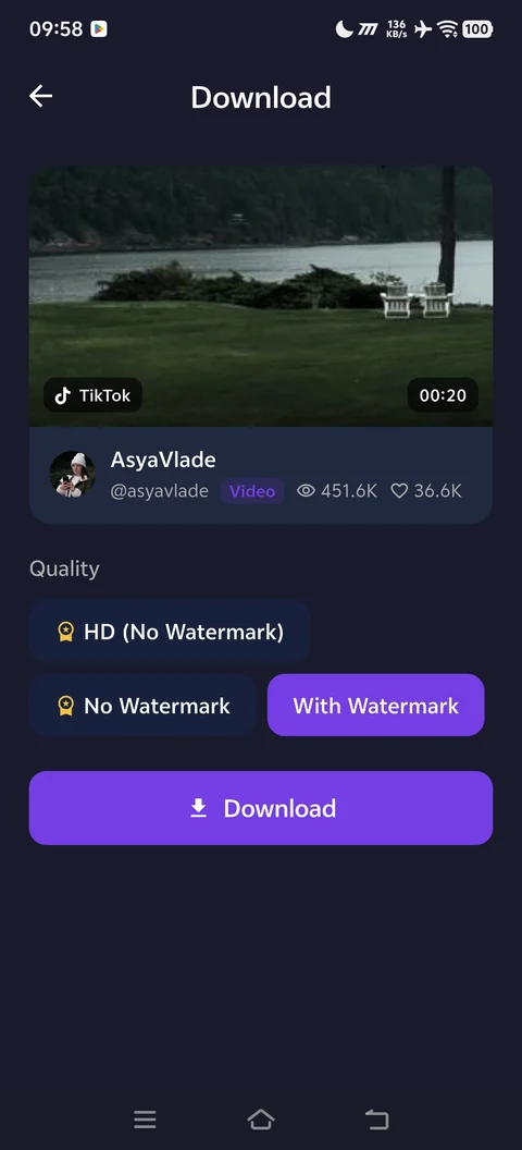 The download screen for a TikTok video, offering HD (No Watermark), No Watermark and With Watermark as quality choices