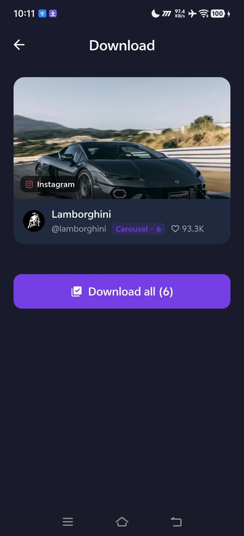 The download screen for a six-image Instagram carousel, with a single Download all button