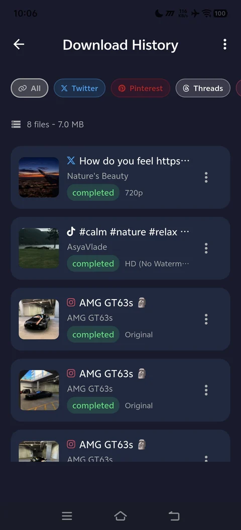 Download history with a filter chip for each platform, listing saved files with their own thumbnails and quality