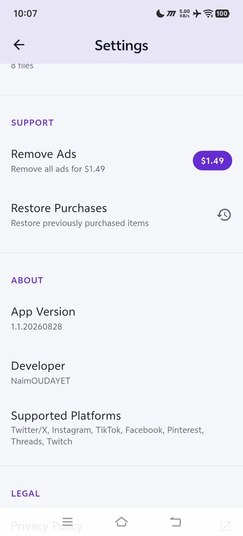Snag settings, showing the one-off purchase that removes every ad and the list of supported platforms
