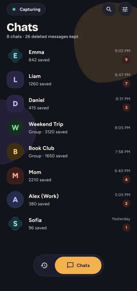 Chats, each with how many of its messages were deleted