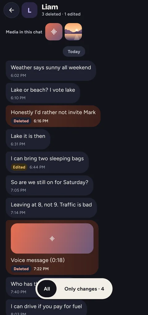 A group conversation with its deleted and edited messages in place