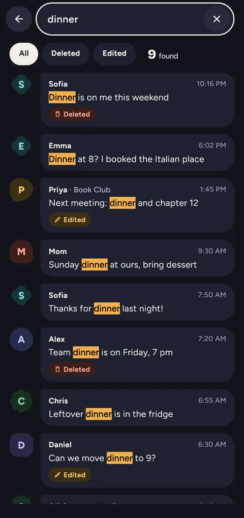 Search results for the word dinner across recovered messages