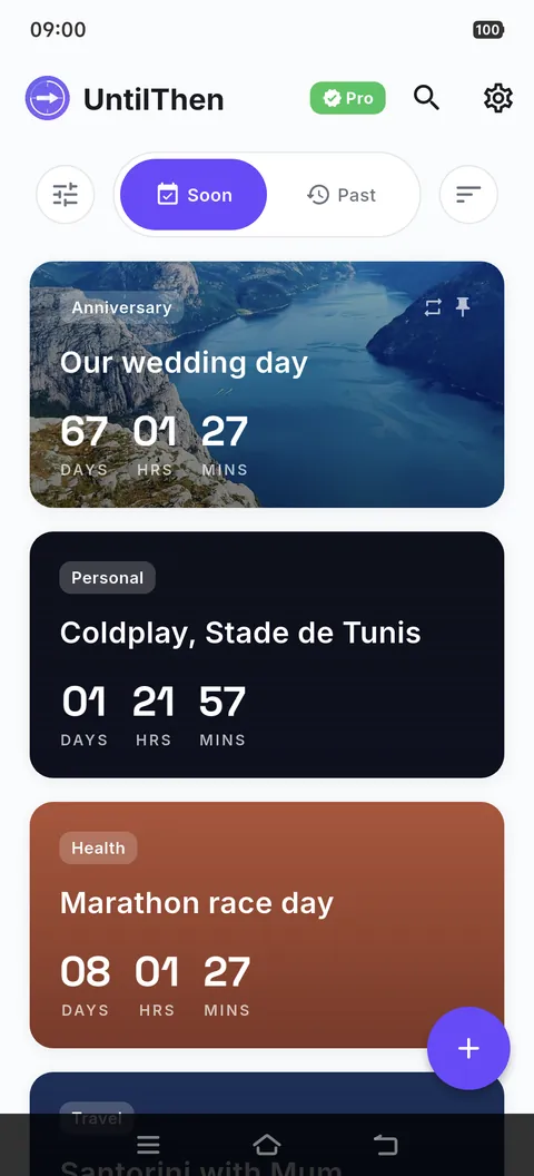 The event list, each countdown on its own card with days, hours and minutes