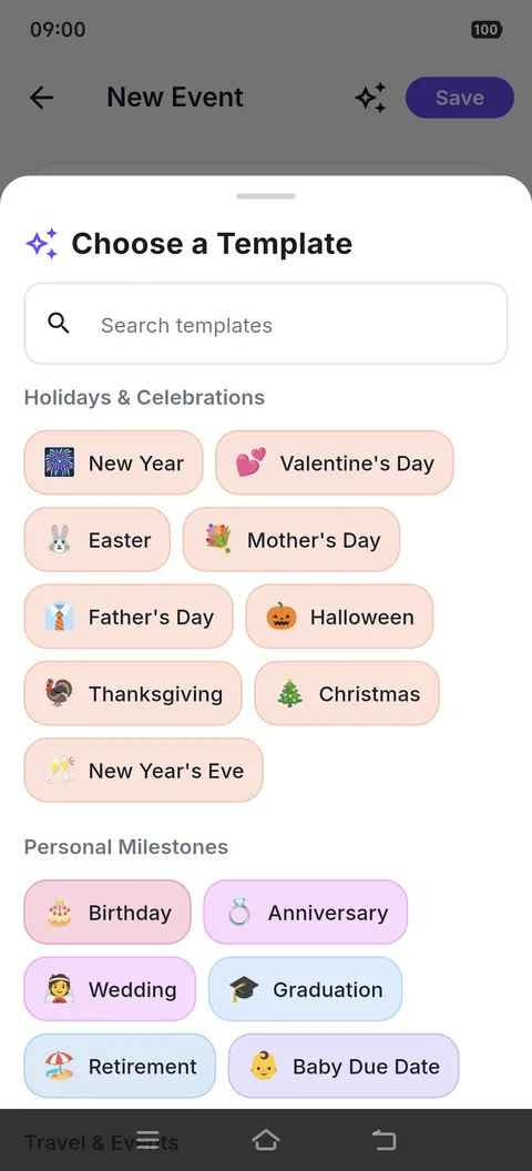 The template chooser, showing holiday and personal milestone templates