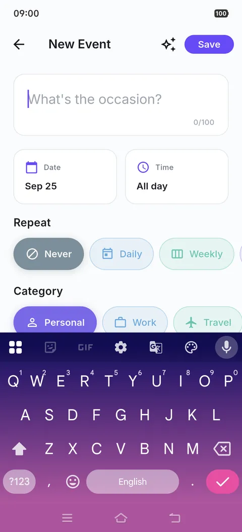 Creating an event with a date, repeat schedule, category and background