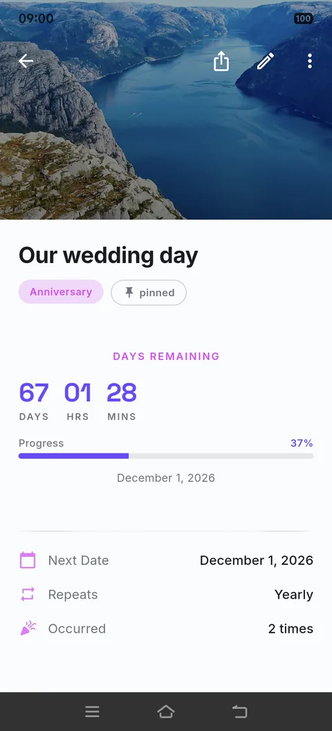 An event detail screen with the reader&rsquo;s own photo behind the title, and rows for the next date and how often it has happened
