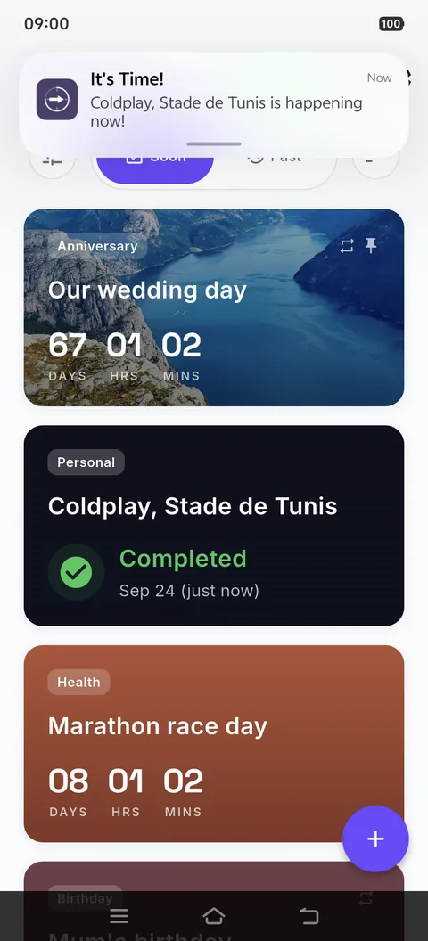A reminder banner reading &ldquo;It&rsquo;s Time! Coldplay, Stade de Tunis is happening now!&rdquo;
