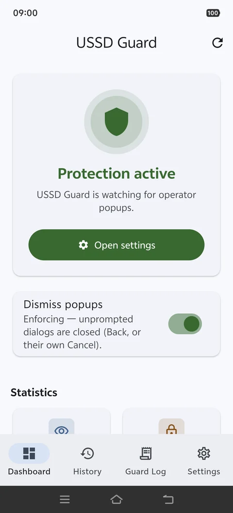 Dashboard: protection active, the switch that closes unrequested popups, and the statistics
