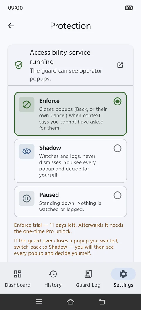 Protection settings: Enforce closes popups, Shadow only logs them, Paused does nothing