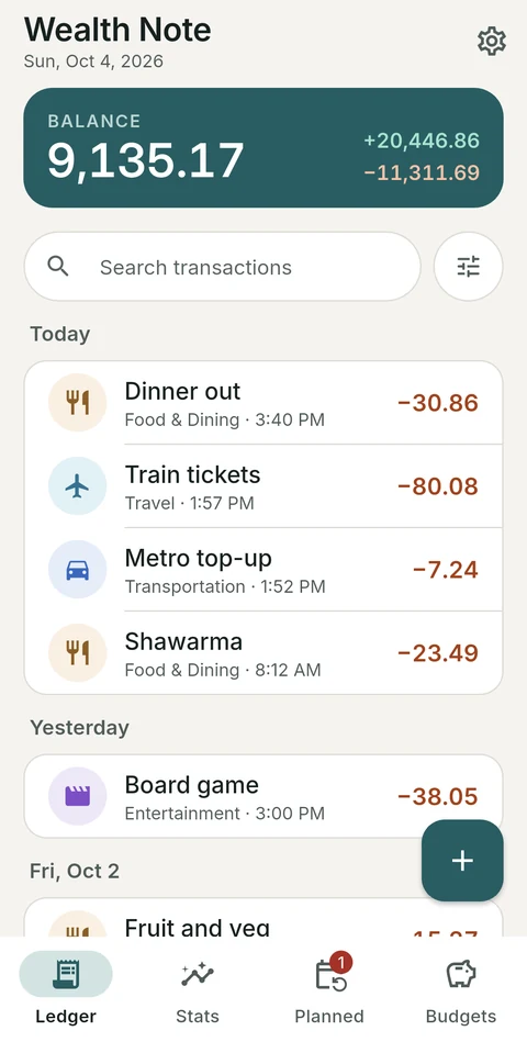 The ledger, showing transactions grouped by day under a balance summary