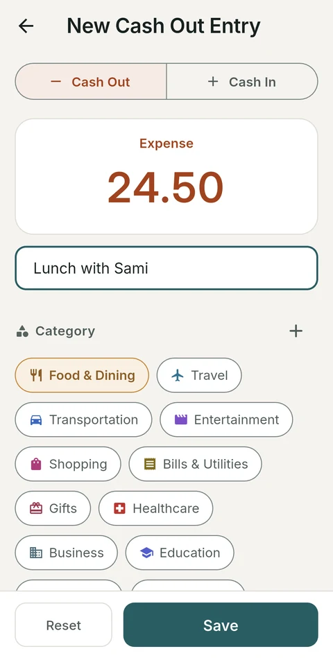 Adding a Cash Out entry: the amount, a description and every category in view