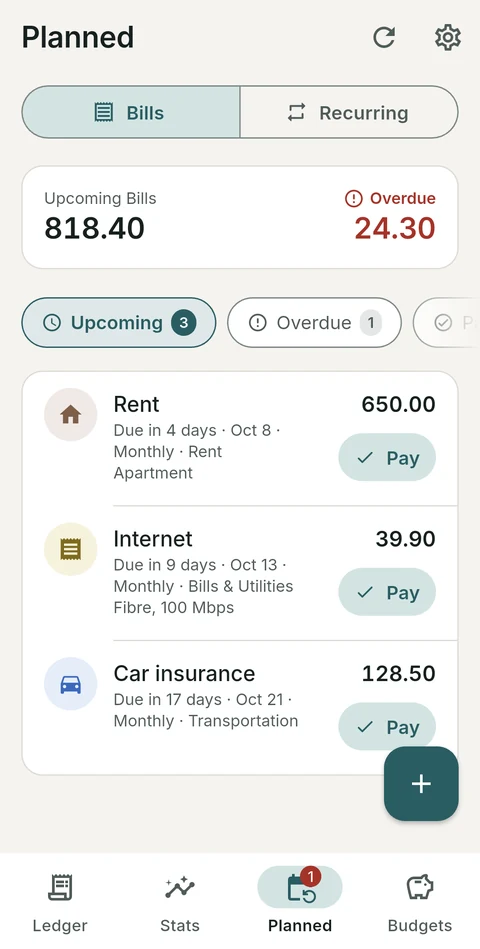 Bill reminders split into upcoming, overdue and paid
