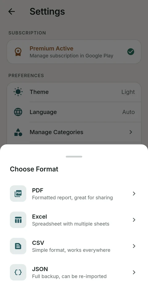 Export options for CSV, JSON, PDF and Excel
