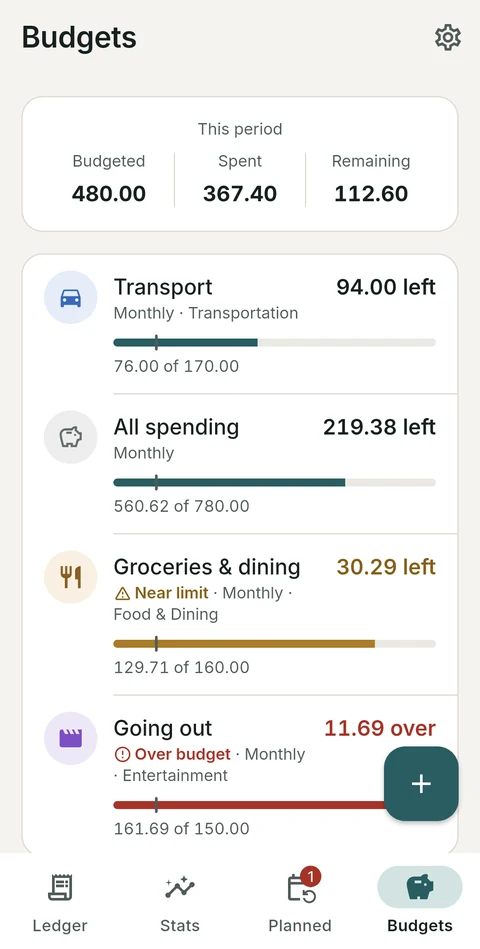 Budgets with progress bars, one near its limit and one over